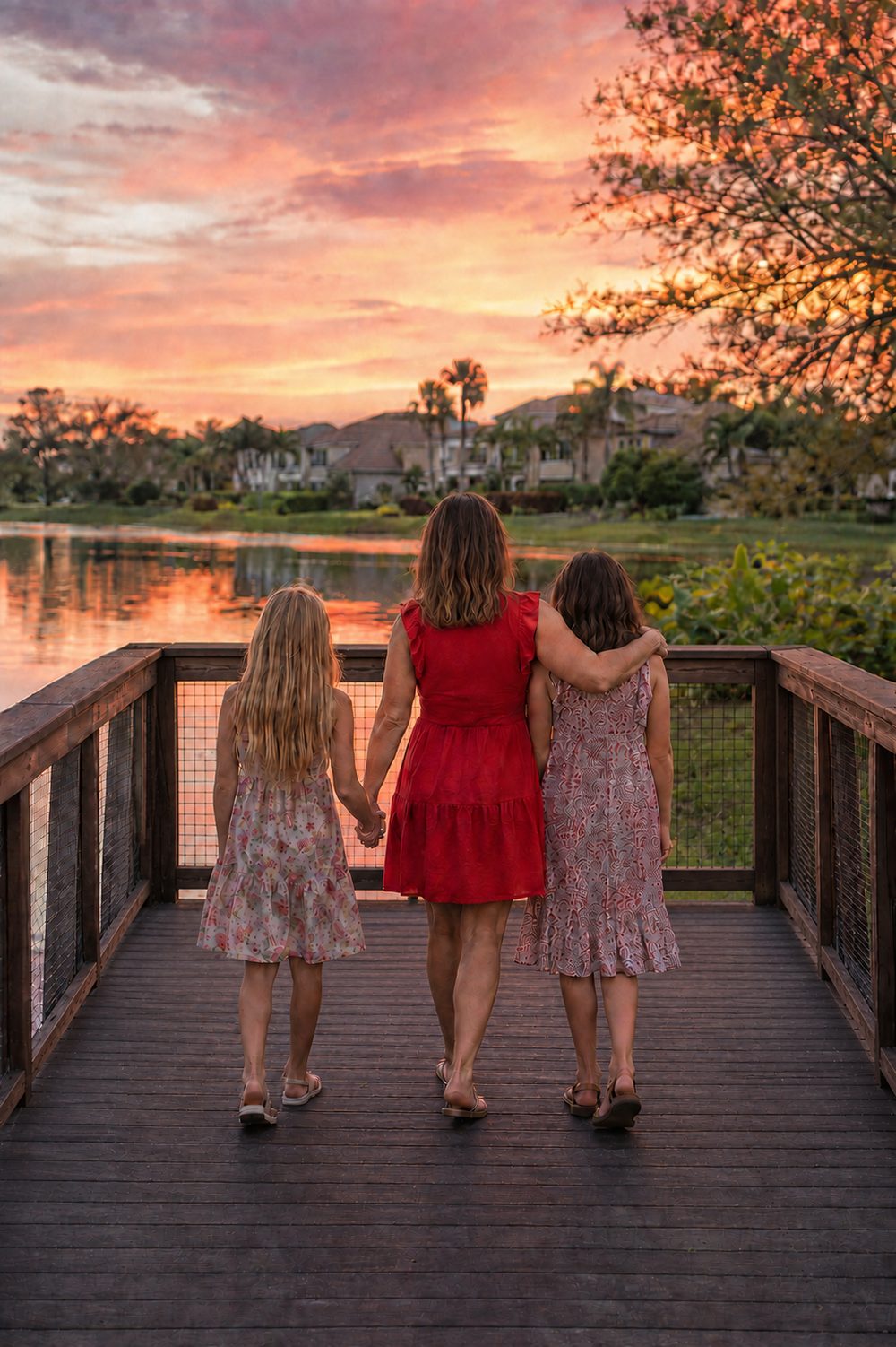 Mom Buzz and her two daughters, seen from behind, walking a boardwalk over a lake at sunset.